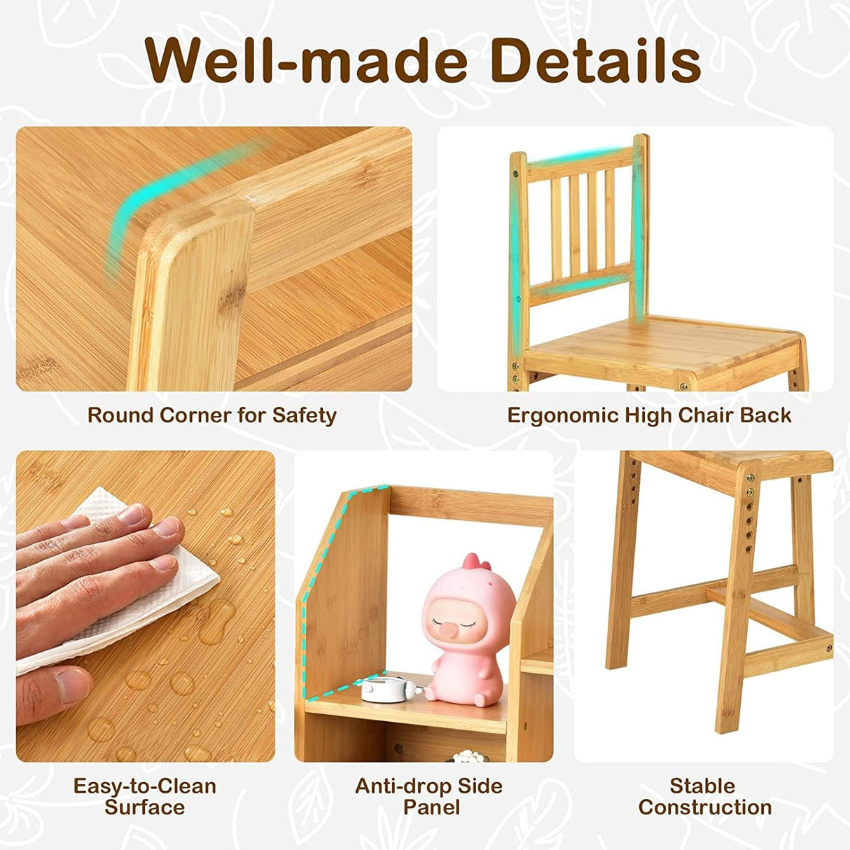 Juego de escritorio y silla para niños de altura de bambú