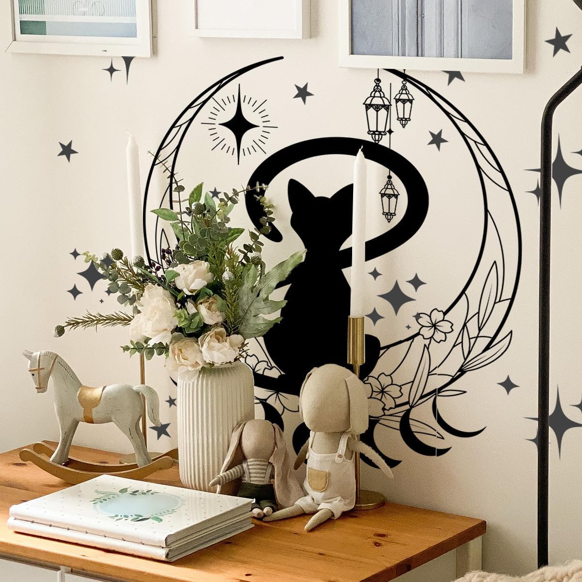 Simple Gato Negro Fase Lunar Flor Pegatinas de Pared Fondo