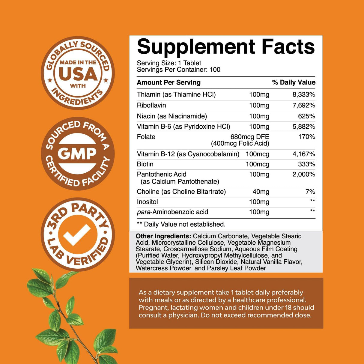 Super Vitamin B Complejo para Mujeres y Hombres - 100 Tabletas