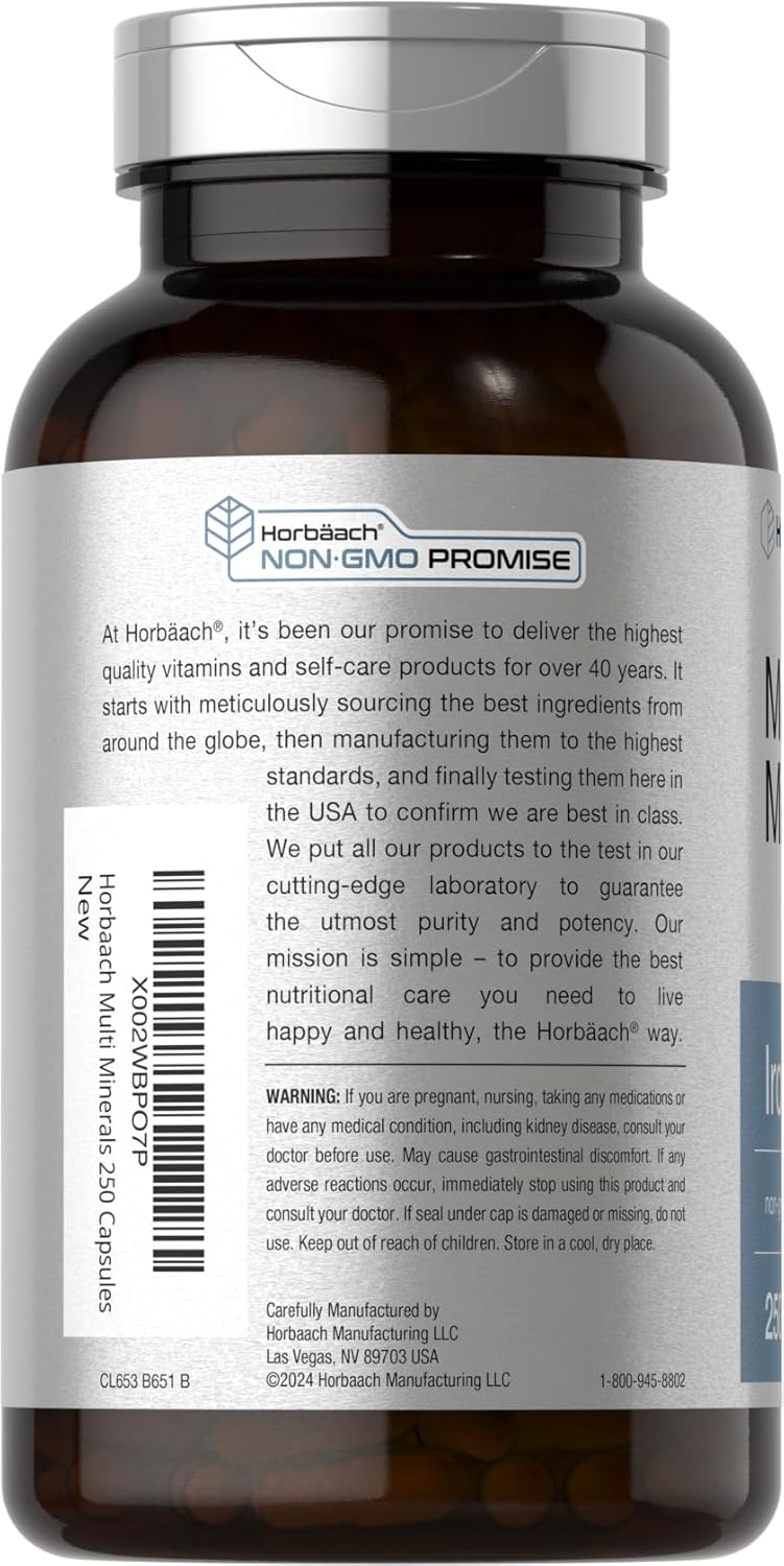 Suplemento Multiminerales Horbäach | 250 Cápsulas | Libre de Hierro