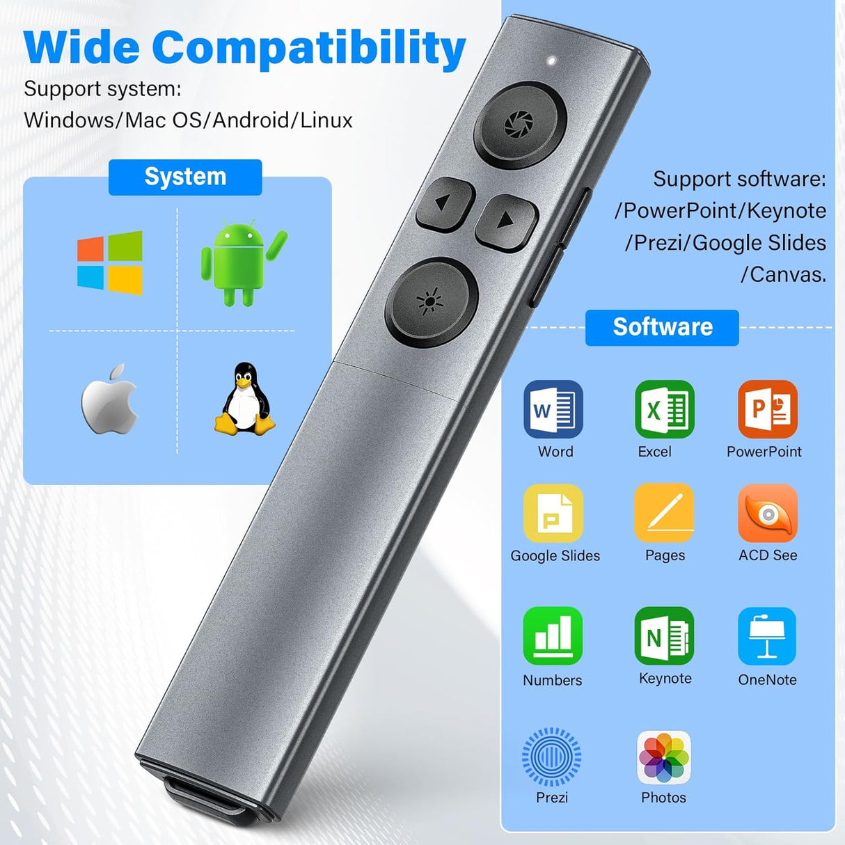 Presentador Inalámbrico USB-C, Recargable, Control Volumen, PPT
