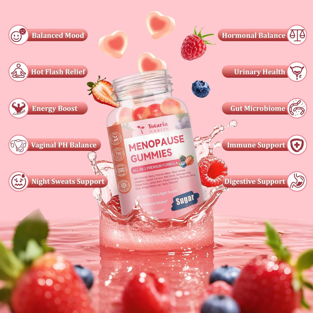 Suplemento Menopausia Sin Azúcar con Black Cohosh,Prebiótico,Red Clove, DIM,Inositol,Arándano,Chasteberry para Menopausia