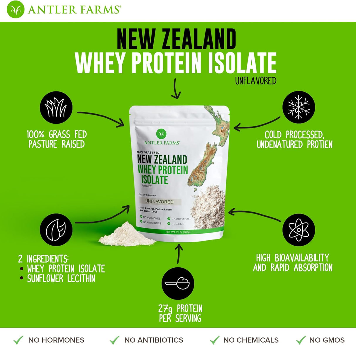 Proteína de suero de leche pura, Antler Farms, 2 lbs