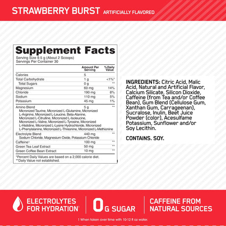 Optimum Nutrition Amino Energy Plus Electrolytes - Bebida energética con aminoácidos y electrolitos, hidratación, sin azúcar, sabor a fresa, 10.5 onzas (30 porciones), rosa (el embalaje puede variar)