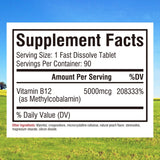 Vitamina B12 5000mcg Vegana, Disolución Rápida, 90 Tabletas