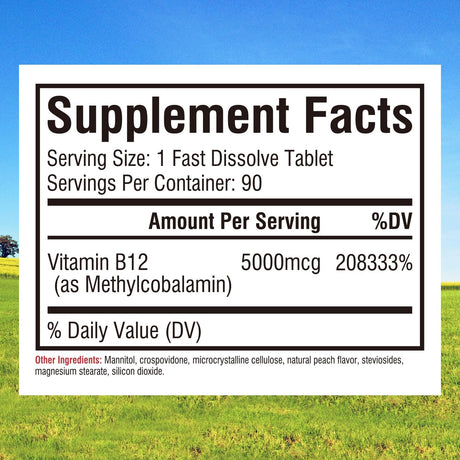 Vitamina B12 5000mcg Vegana, Disolución Rápida, 90 Tabletas