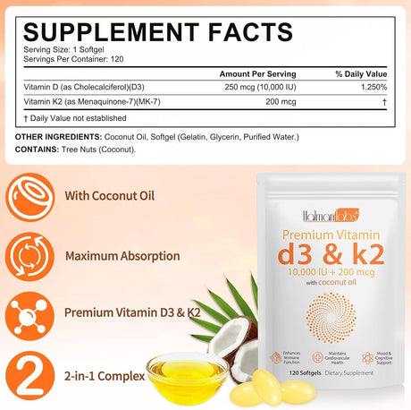 Suplemento de Vitamina D3 K2, 10000 IU, Salud Ósea y Inmunidad