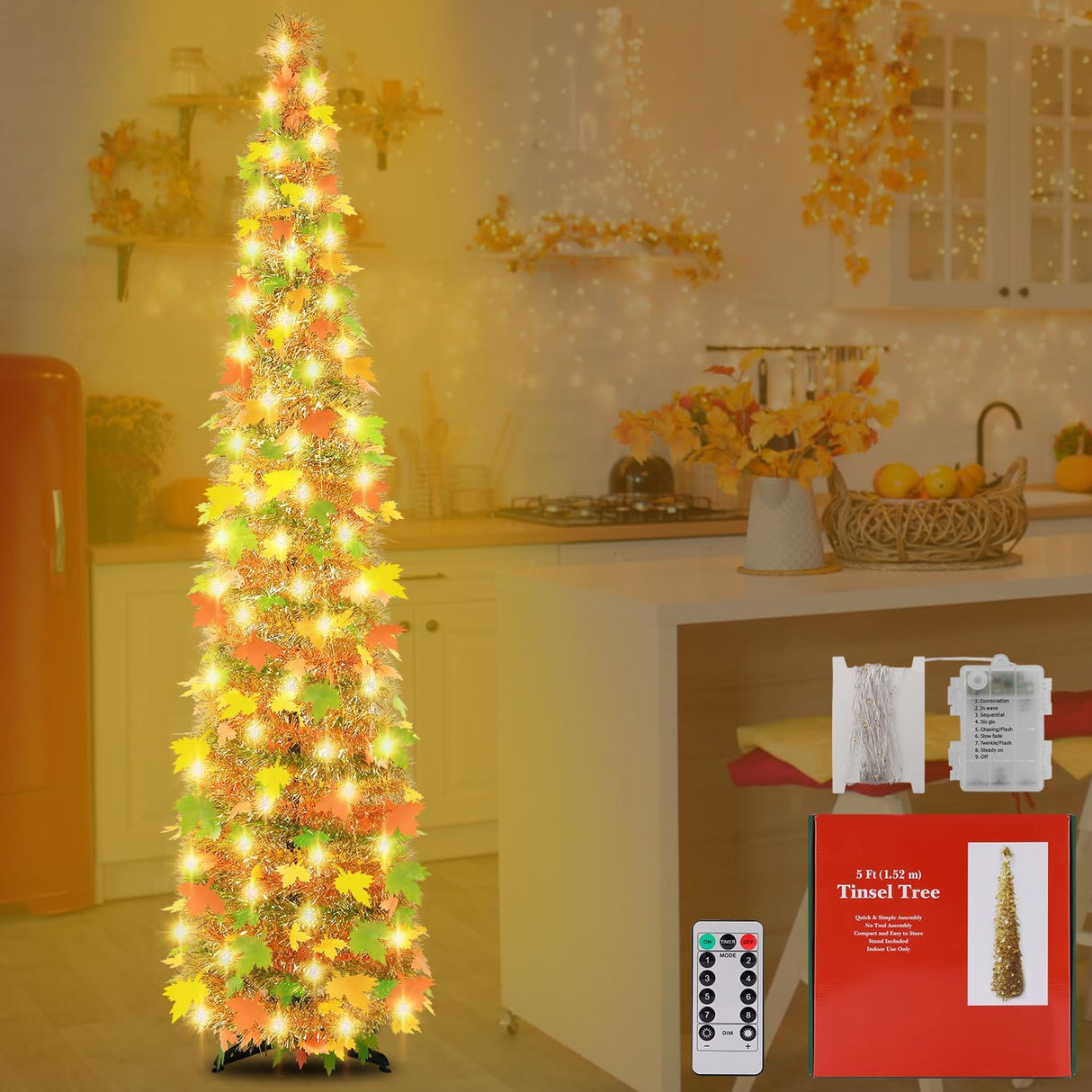 Árbol de Otoño 5FT - Tinsel con 60 Luces LED, Plegable, Modelo: 123