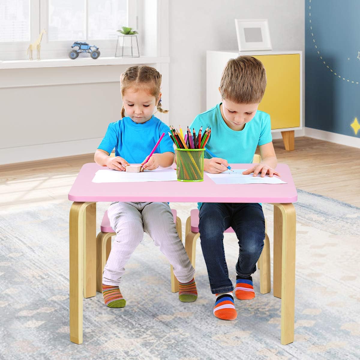 Mesa y sillas de madera para niños pequeños lectura artes