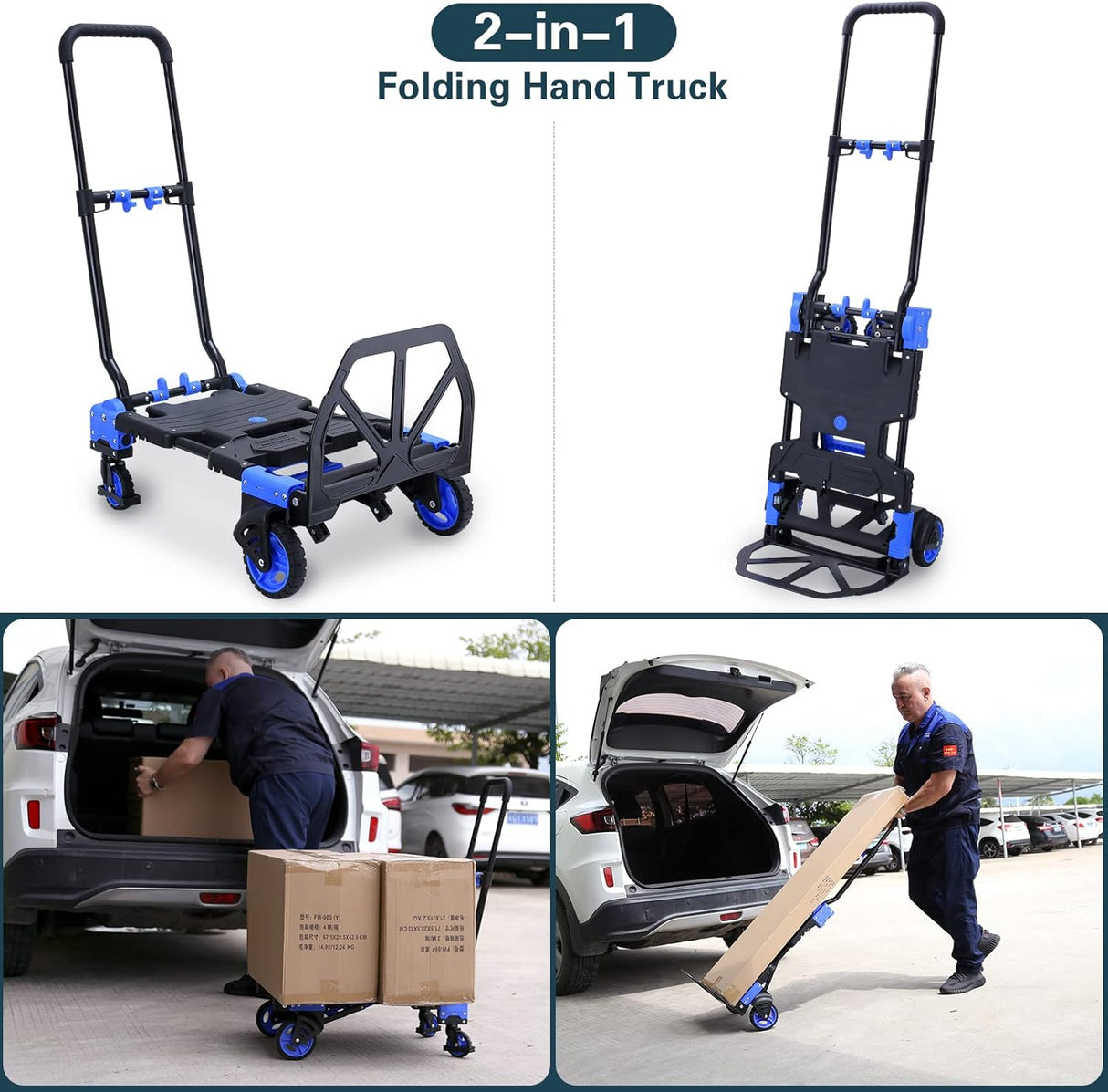 Carretilla 2 en 1 Plegable, 330LB, Ruedas, Mango Retráctil
