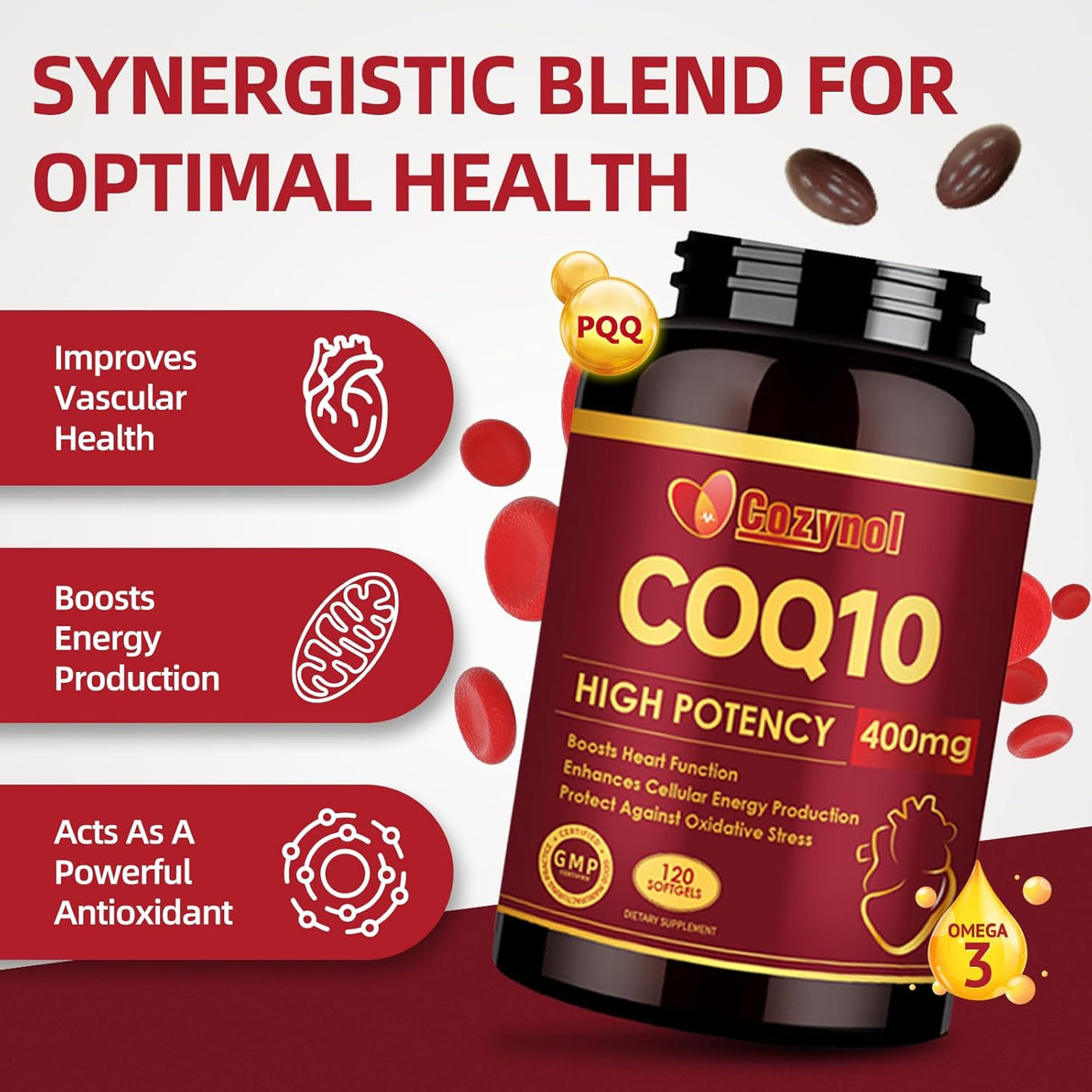 CoQ10 400mg con PQQ y Omega 3, 120 cápsulas