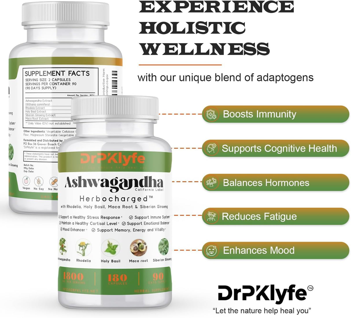 Complejo Ashwagandha 5-1 con Rhodiola, Maca, Ginseng - 180 Cápsulas