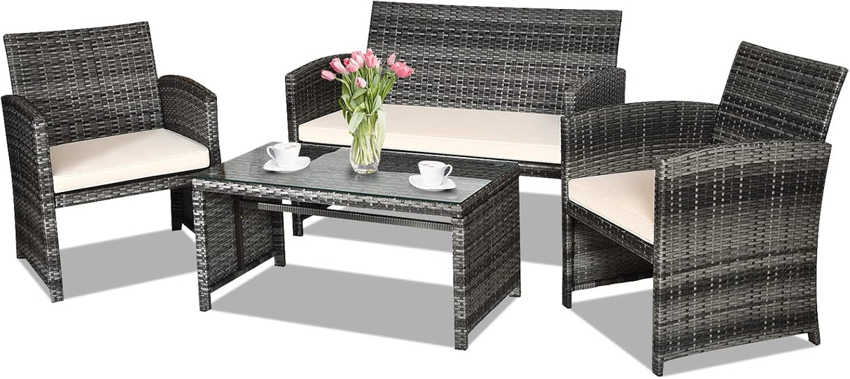Goplus Juego de muebles de ratán de 4 piezas, sofá de conversación de mimbre para exteriores con cojines resistentes a la intemperie y mesa de vidrio templado para césped, patio, piscina, jardín (beige)