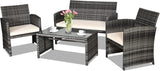 Goplus Juego de muebles de ratán de 4 piezas, sofá de conversación de mimbre para exteriores con cojines resistentes a la intemperie y mesa de vidrio templado para césped, patio, piscina, jardín (beige)
