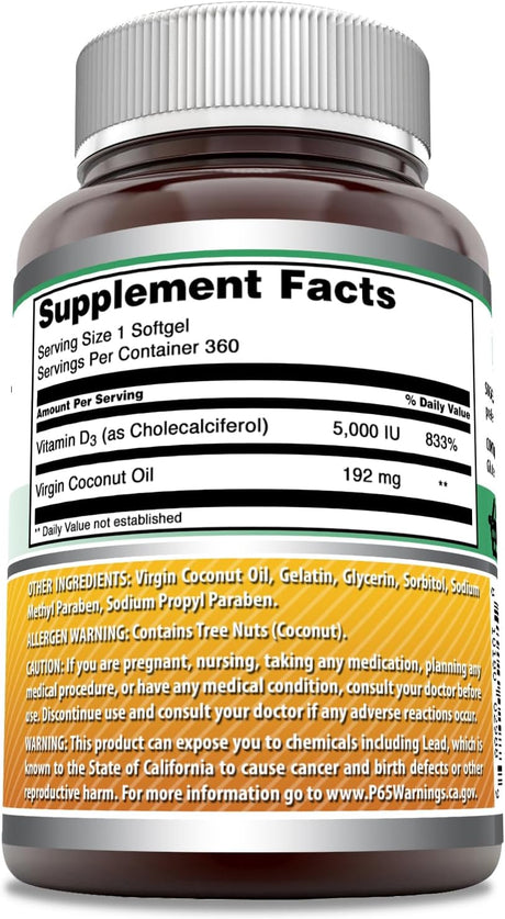 Suplemento de Vitamina D3 Amazing Formulas 5000 IU 360 Softgels