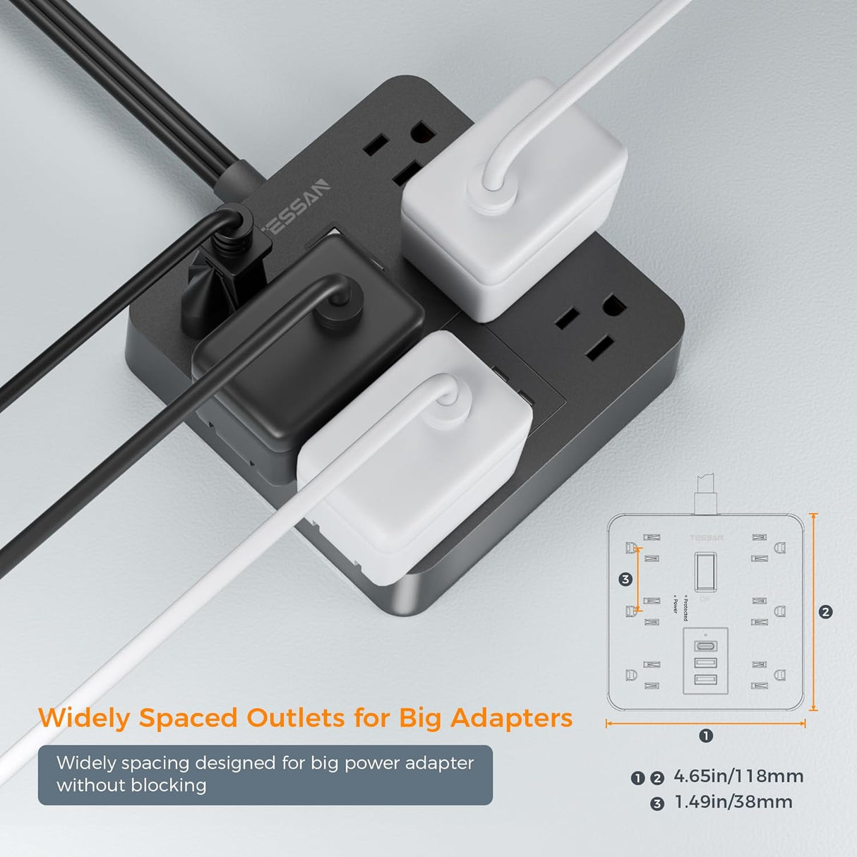 TESSAN – Regleta de alimentación con USB, cable de extensión con 6 salidas ampliamente espaciadas
