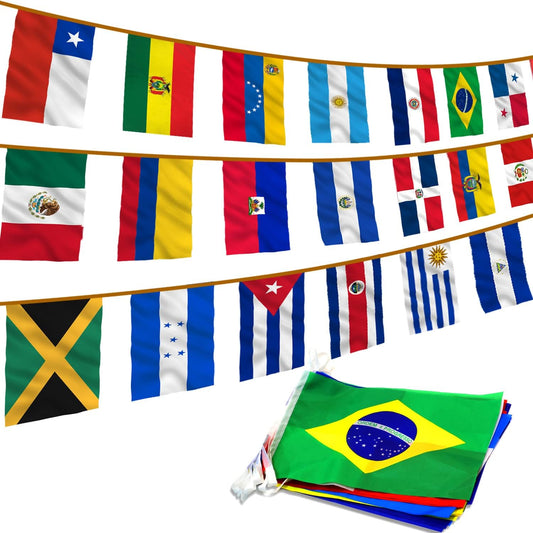 Anley Banderas de cadena de 21 países de América Latina, varios pancartas de bandera latina para el patrimonio del mes hispano, eventos internacionales, conferencias, decoración de fiestas, barras deportivas, 30 pies, 21 banderas