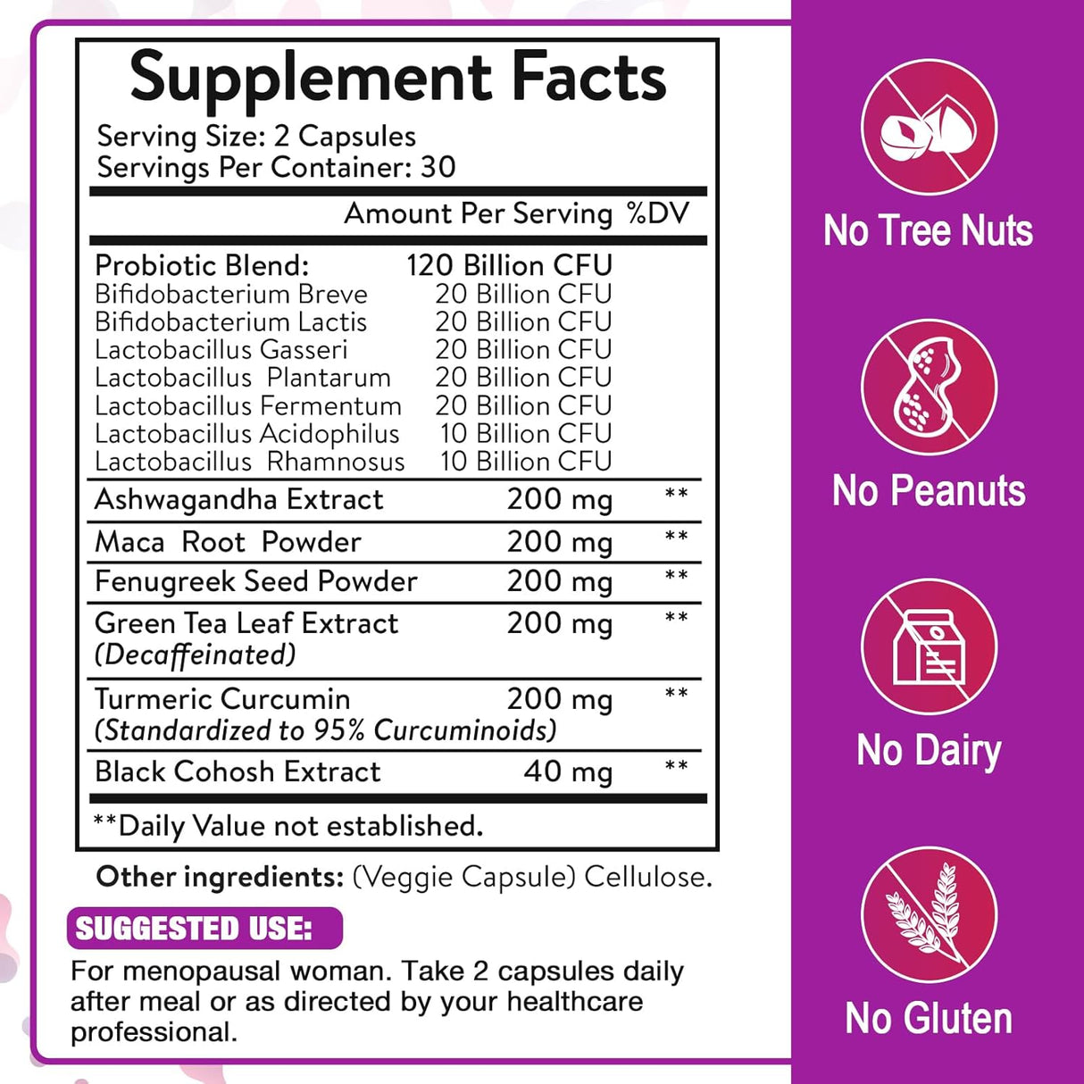 Suplemento de Menopausia, 120 Mil Millones CFU, Probióticos Naturales, 60 Cápsulas