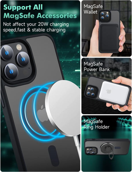 MGNAOOI - Funda magnética para iPhone 13 Pro, calidad militar probada, apta MagSafe, posterior translúcido mate, teclas de aleación de aluminio, antihuellas, caídas y arañazos, 6.1&nbsp;pulgadas, negra
