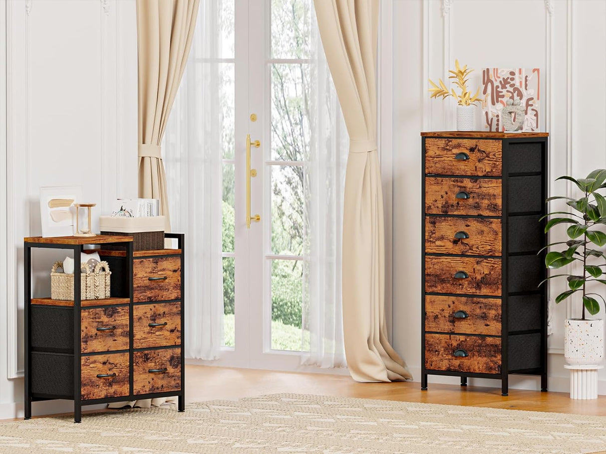 Cómoda alta con 6 cajones y mesa de noche para dormitorio