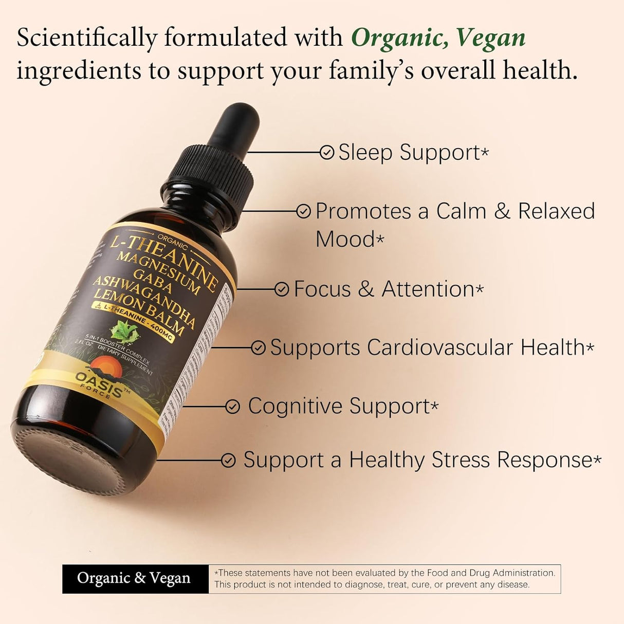 L Theanine 400mg Líquido, GABA, Magnesio, Ashwagandha, Vegano