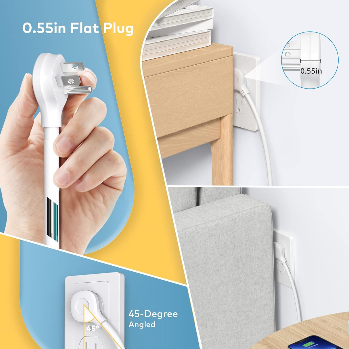 TROND Regleta protectora contra sobretensiones – Cable de extensión de enchufe plano ultrafino de 5 pies con 4 puertos USB (1 cargador USB C), 4 tomas de corriente ampliamente espaciadas, compacto y