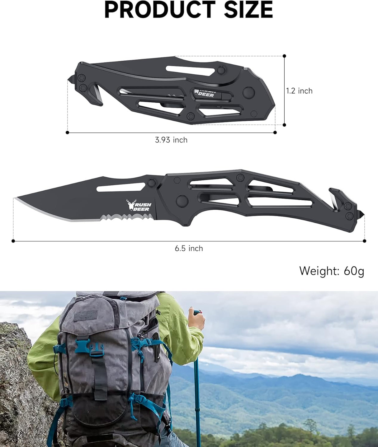 Cuchillo plegable con clip, EDC para senderismo, color negro