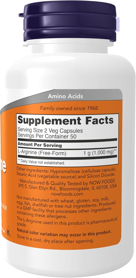 Suplemento L-Arginina 500 mg de NOW Foods, 100 cápsulas veganas