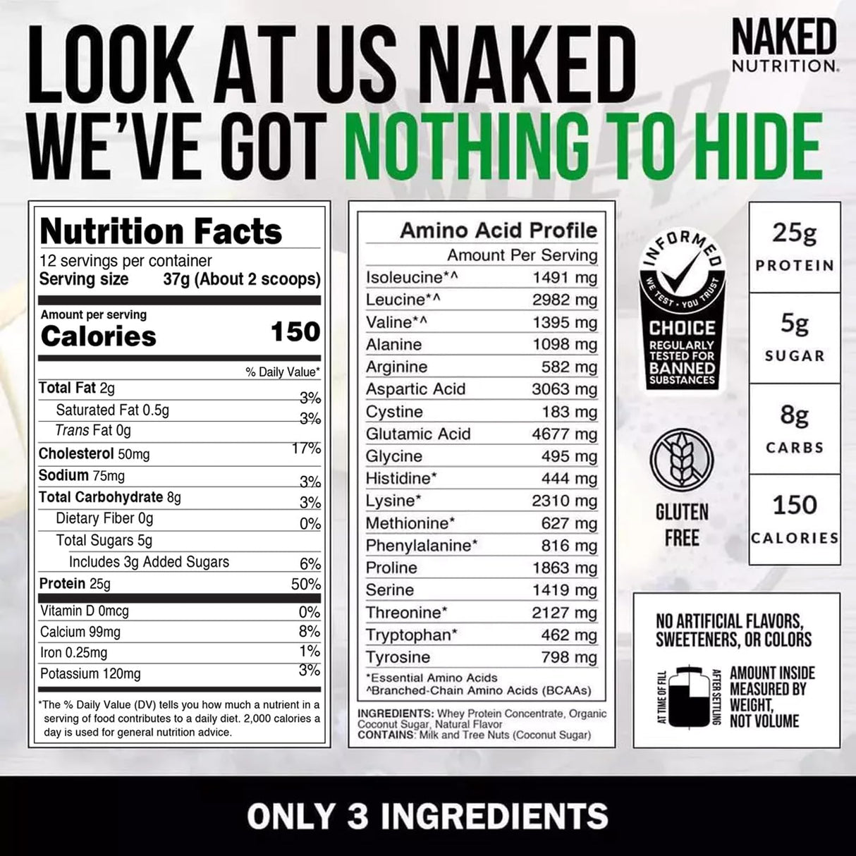 Proteína de Suero Naked Vanilla 1Lb, 3 Ingredientes Naturales