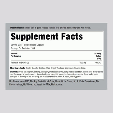 Vitamin B2 Piping Rock 100mg 180 Cápsulas Vegetarianas