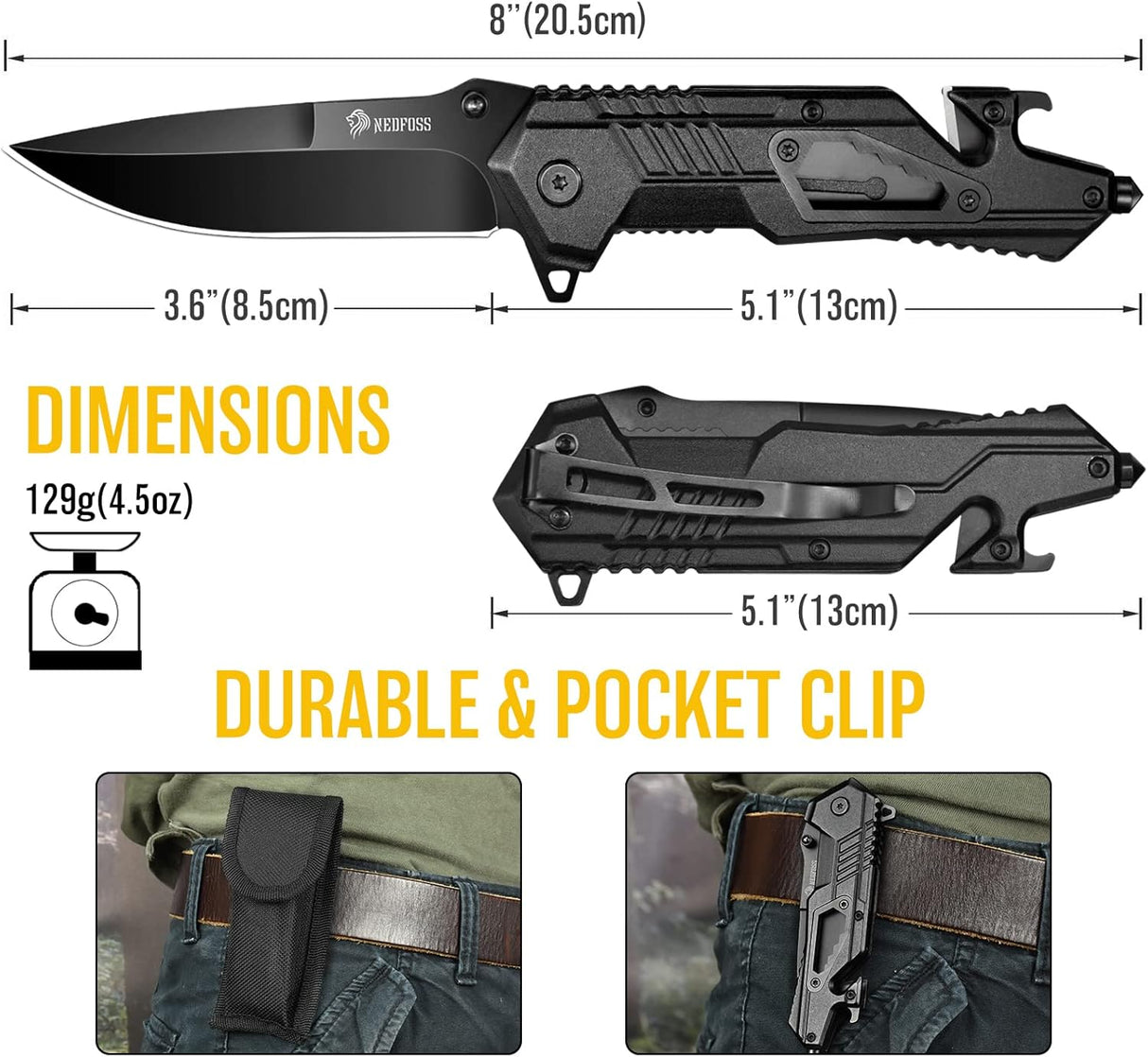 Cuchillo plegable de bolsillo EDC 5 en 1 para hombres, negro
