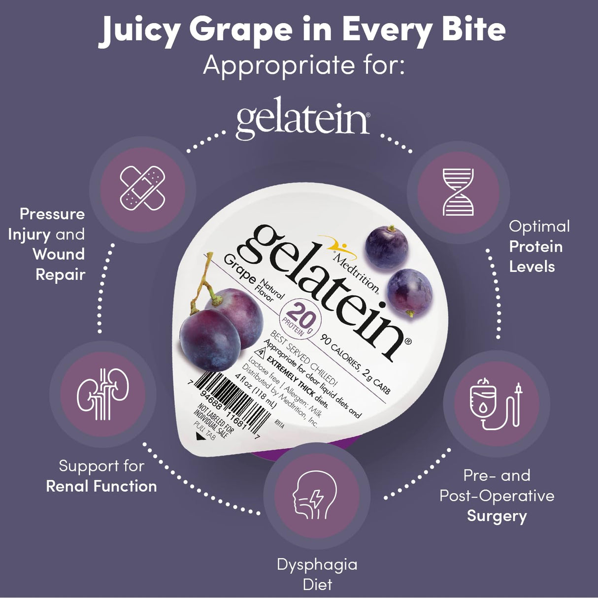 Gelatina de proteína Medtrition Grape - Sin azúcar, 20g de proteína (12 pzas)