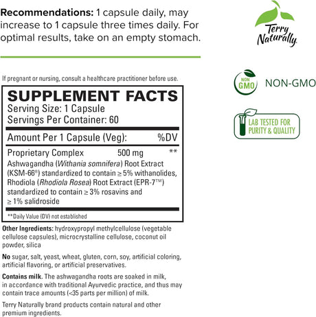 Suplemento Adaptra de Terry Naturall Ashwagandha y Rhodiola
