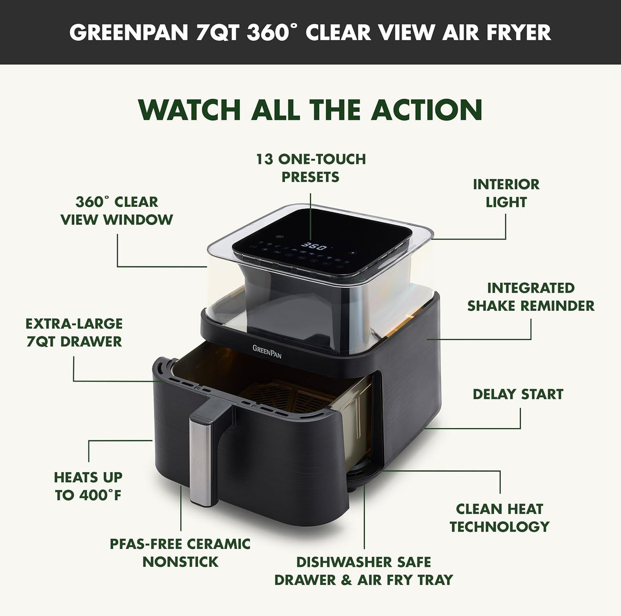 Freidora de aire 7QT GreenPan, Ventana clara, 13 programas