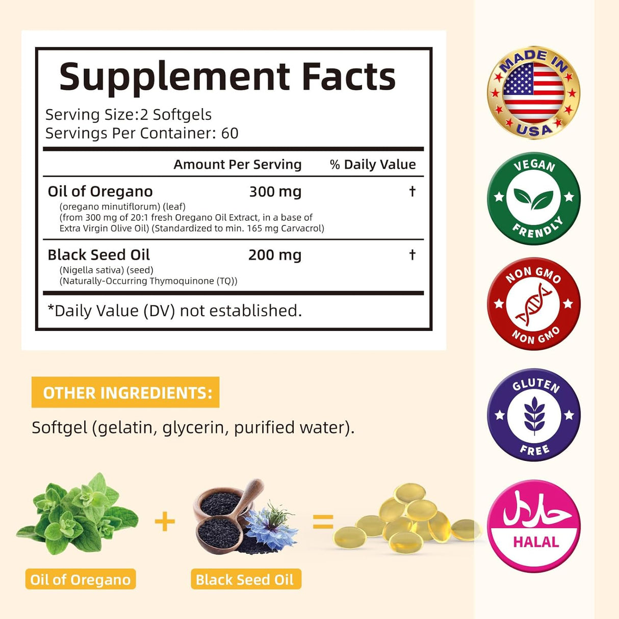 Aceite de Orégano en Cápsulas Naturales, 300mg, con Semilla Negra, Sin Gluten