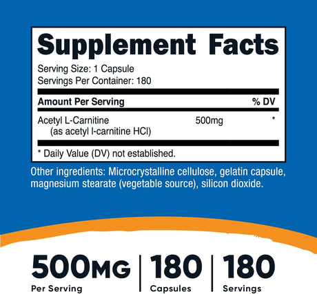 Suplementos Acetil L-carnitina 500 mg, 180 cápsulas Sin OMG