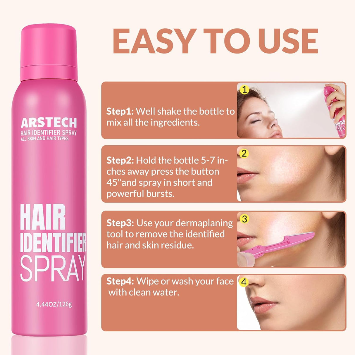 Spray Identificador de Vello, Kit de Afeitado Facial, 4 Raspadores