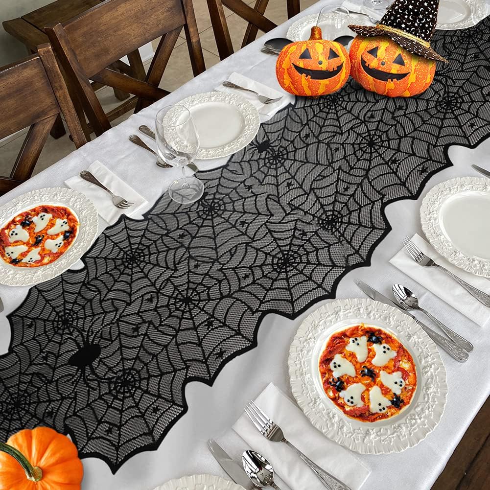Camino de Mesa Halloween, Encaje Negro, 18 x 72 Pulgadas