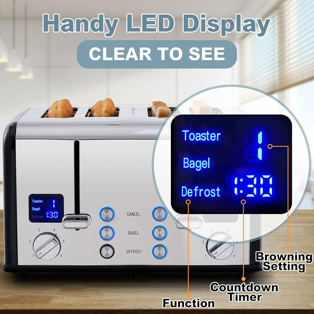 CUSIMAX Tostadora de 4 rebanadas, acero inoxidable, pantalla LED ultra clara y ranuras extra anchas, con paneles de control dobles de 6 ajustes de sombra, función de cancelación/bagel/descongelación, bandejas extraíbles para migas, color negro