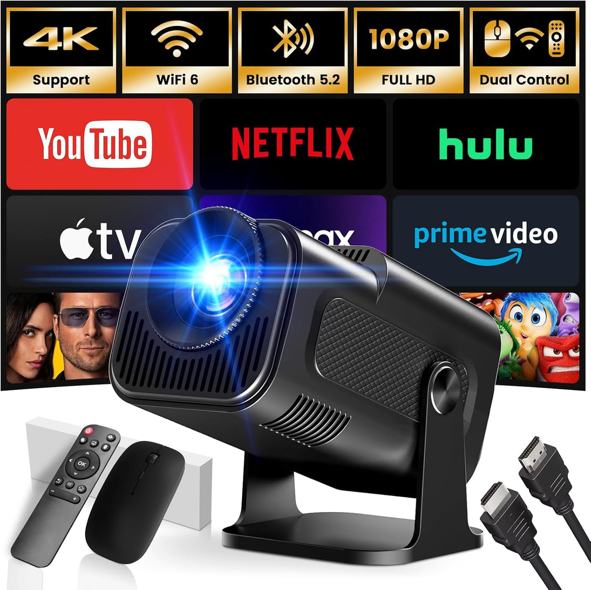 Proyector Mini 1920x1080P, WiFi, Bluetooth, Auto Keystone, 4K