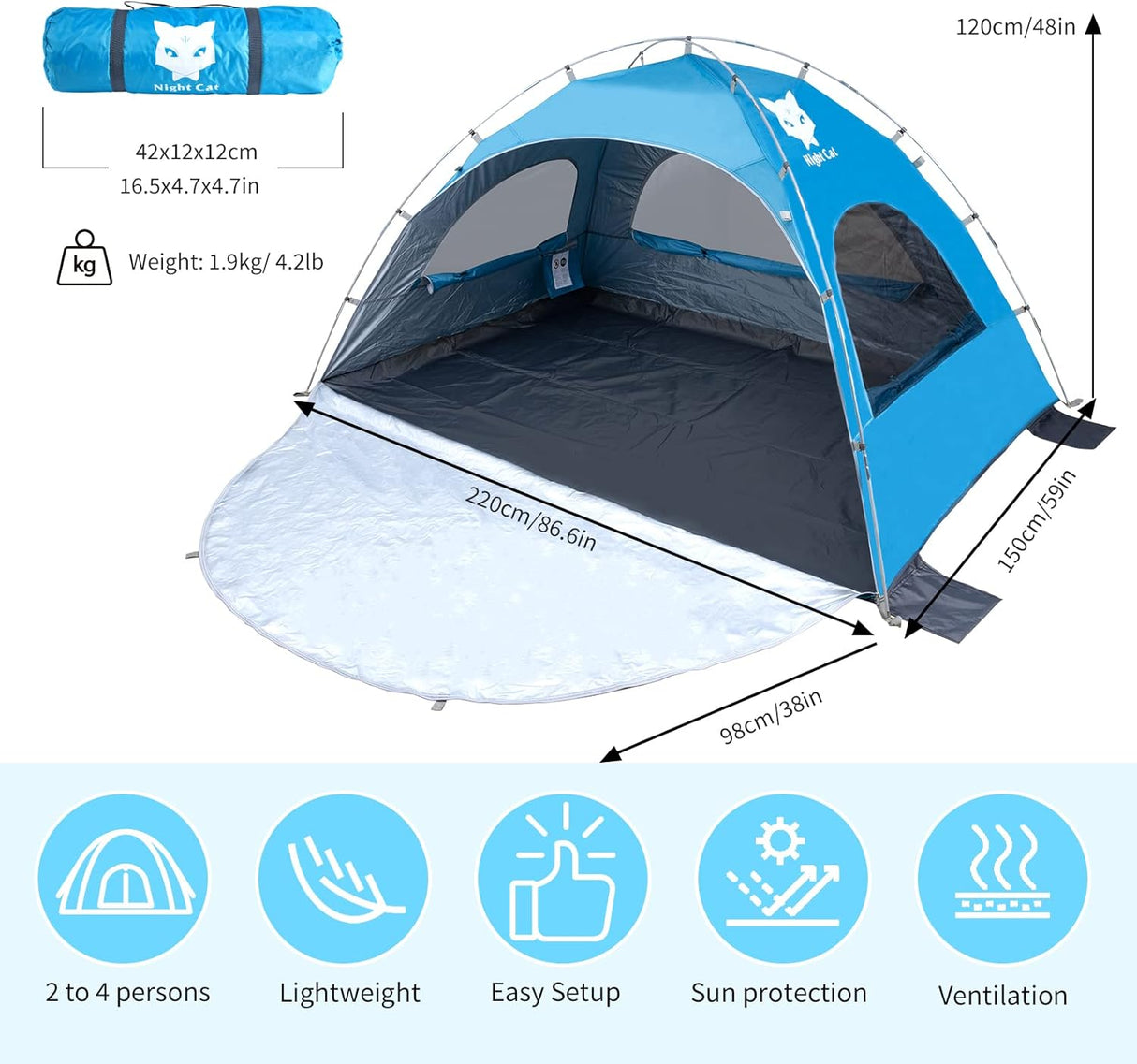 Tienda de Playa Night Cat, Carpa Portátil UV, 2-4 Personas
