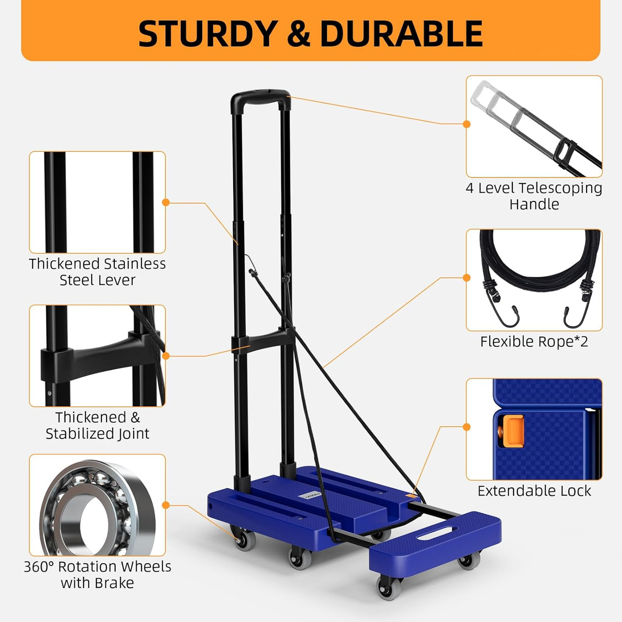Carretilla Plegable 500 LB, Carro de Carga 6 Ruedas, Modelo A