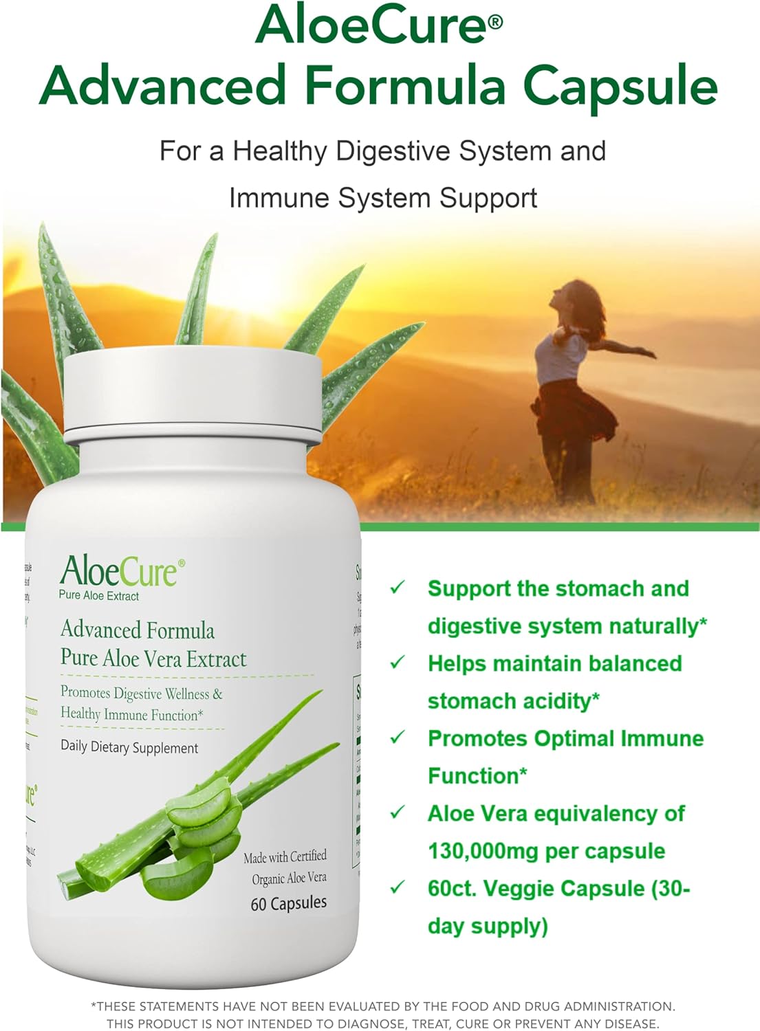 Suplementos orgánicas de aloe vera  60 cápsulas 130,000 mg