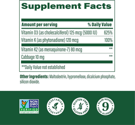 MegaFood Vitamina D3 5000 IU Suplemento Vegetariano K2, 60 cápsulas