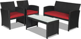 Goplus Juego de muebles de ratán para patio, 4 piezas, juego de sofá y mesa de mimbre para exteriores con cojines suaves y mesa de centro de vidrio templado para balcón, jardín, patio trasero (rojo)