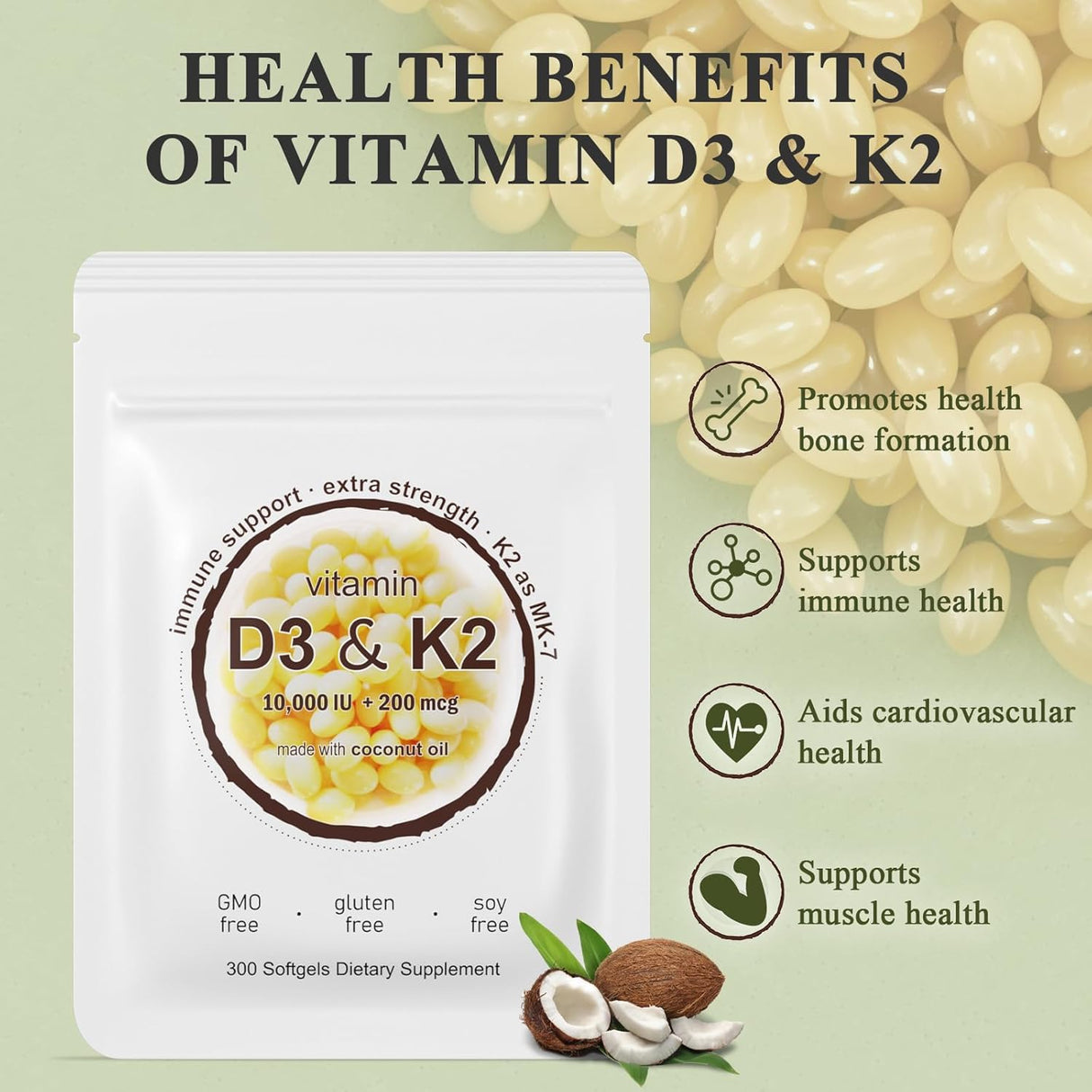 Suplemento 2 en 1 D3 K2, 10000 IU D3, 200 mcg K2 MK7