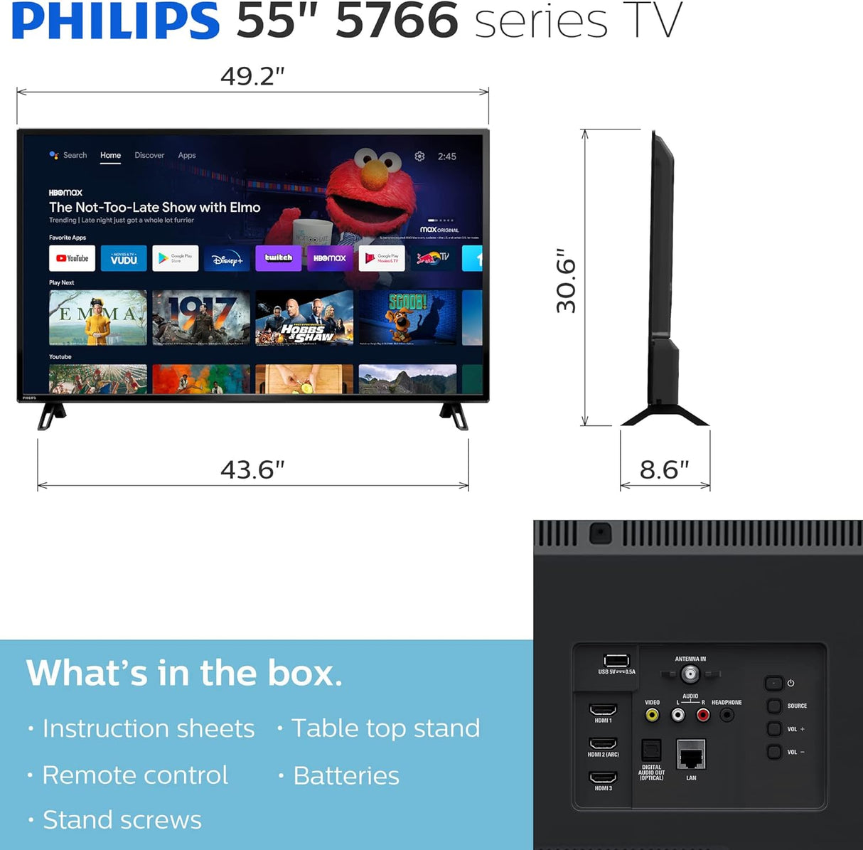 Televisor Smart TV Philips 55 4K UHD, HDR10, Google Assistant
