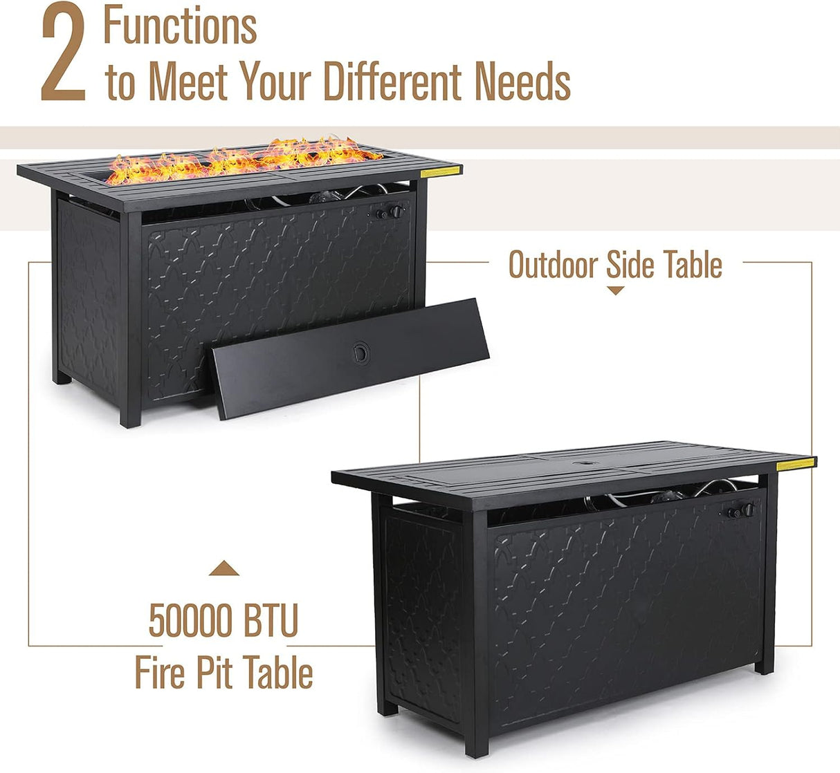 MFSTUDIO Juego de muebles de patio de 6 piezas con mesa de fogata de gas de 45 pulgadas (hasta 7 asientos), sofás de conversación de metal para exteriores con 1 sofá de 3 asientos, 2 sillas mecedoras y 2 otomanas