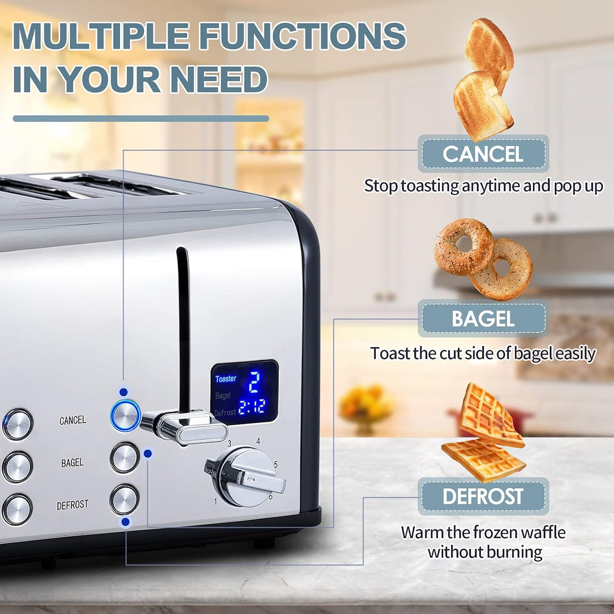 CUSIMAX Tostadora de 4 rebanadas, acero inoxidable, pantalla LED ultra clara y ranuras extra anchas, con paneles de control dobles de 6 ajustes de sombra, función de cancelación/bagel/descongelación, bandejas extraíbles para migas, color negro