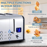 CUSIMAX Tostadora de 4 rebanadas, acero inoxidable, pantalla LED ultra clara y ranuras extra anchas, con paneles de control dobles de 6 ajustes de sombra, función de cancelación/bagel/descongelación, bandejas extraíbles para migas, color negro